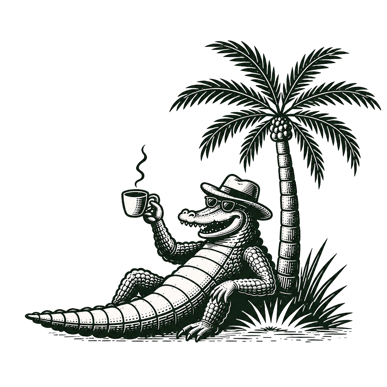 GIGIS coffee alligator holding a cup beneath a palm tree